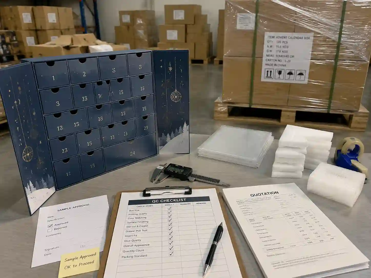 Quality control and export packing preparation for advent calendar boxes