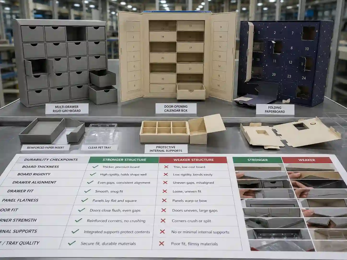 B2B comparison of durable advent calendar box structures including rigid drawer and door-opening packaging samples.