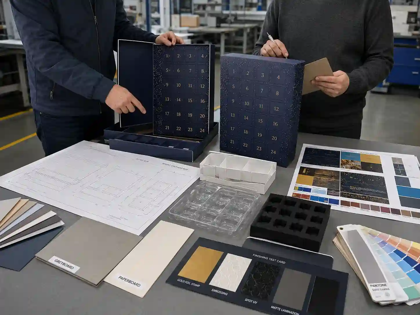 Packaging engineering workstation reviewing materials, inserts, dielines, and samples for durable advent calendar boxes.