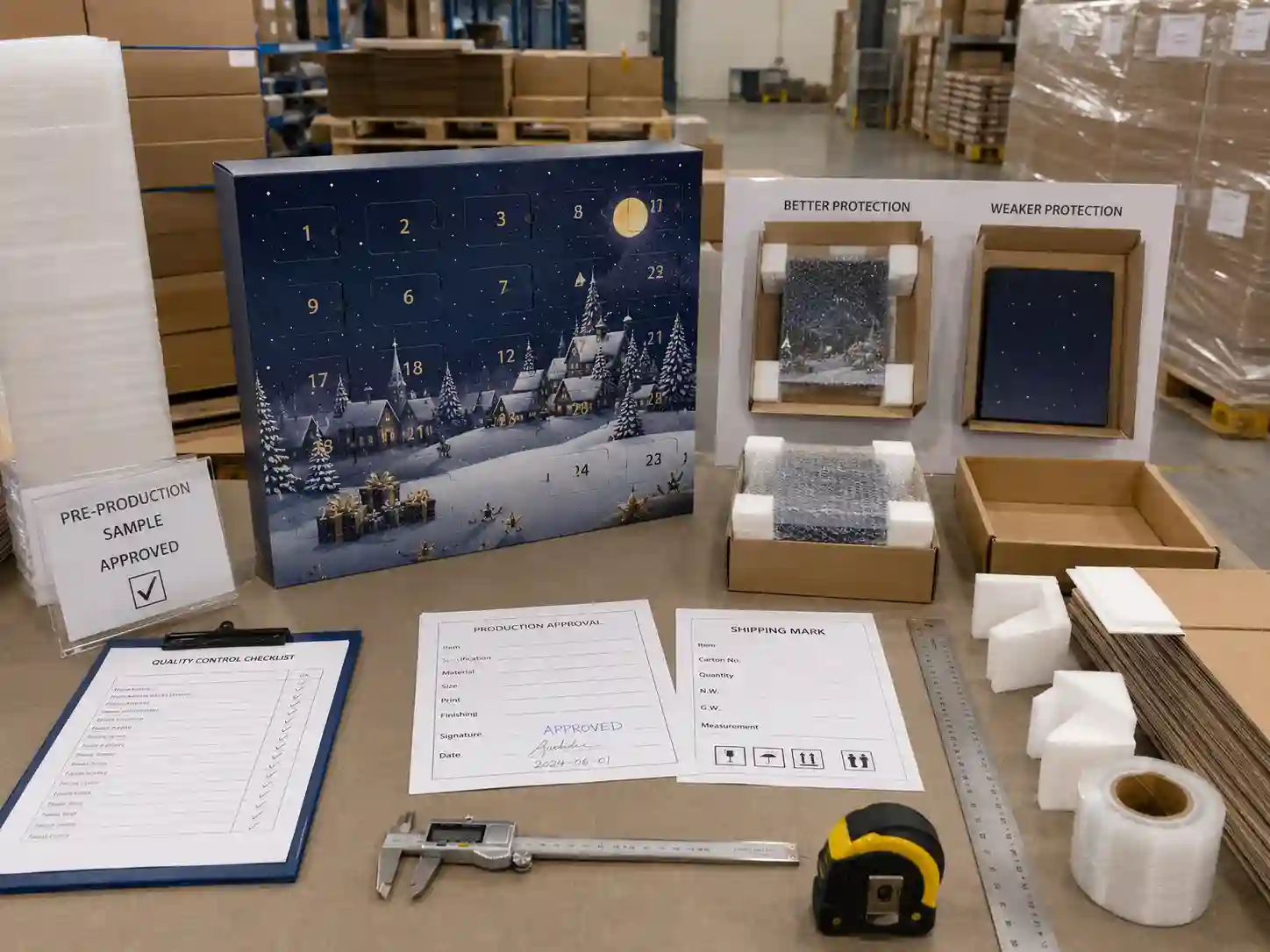 Quality control and export packing inspection for durable custom advent calendar box production.