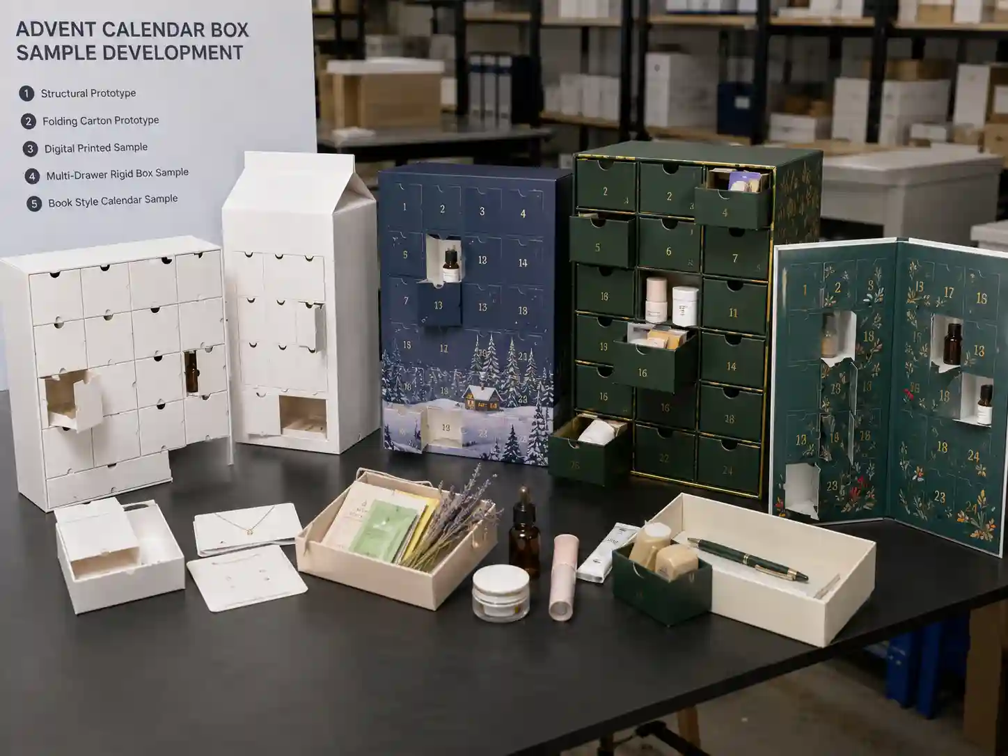 Custom advent calendar box sample comparison with rigid, drawer, door-opening, and folding prototypes