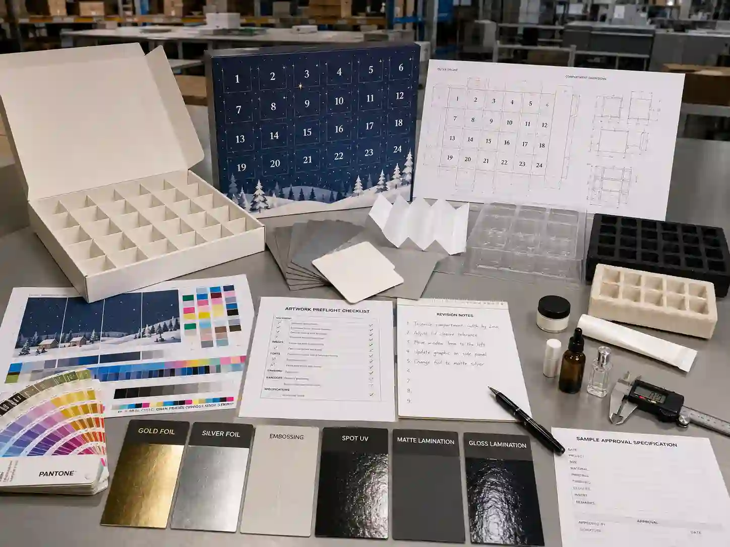 Advent calendar sample development table with dielines, inserts, material swatches, and artwork proofs