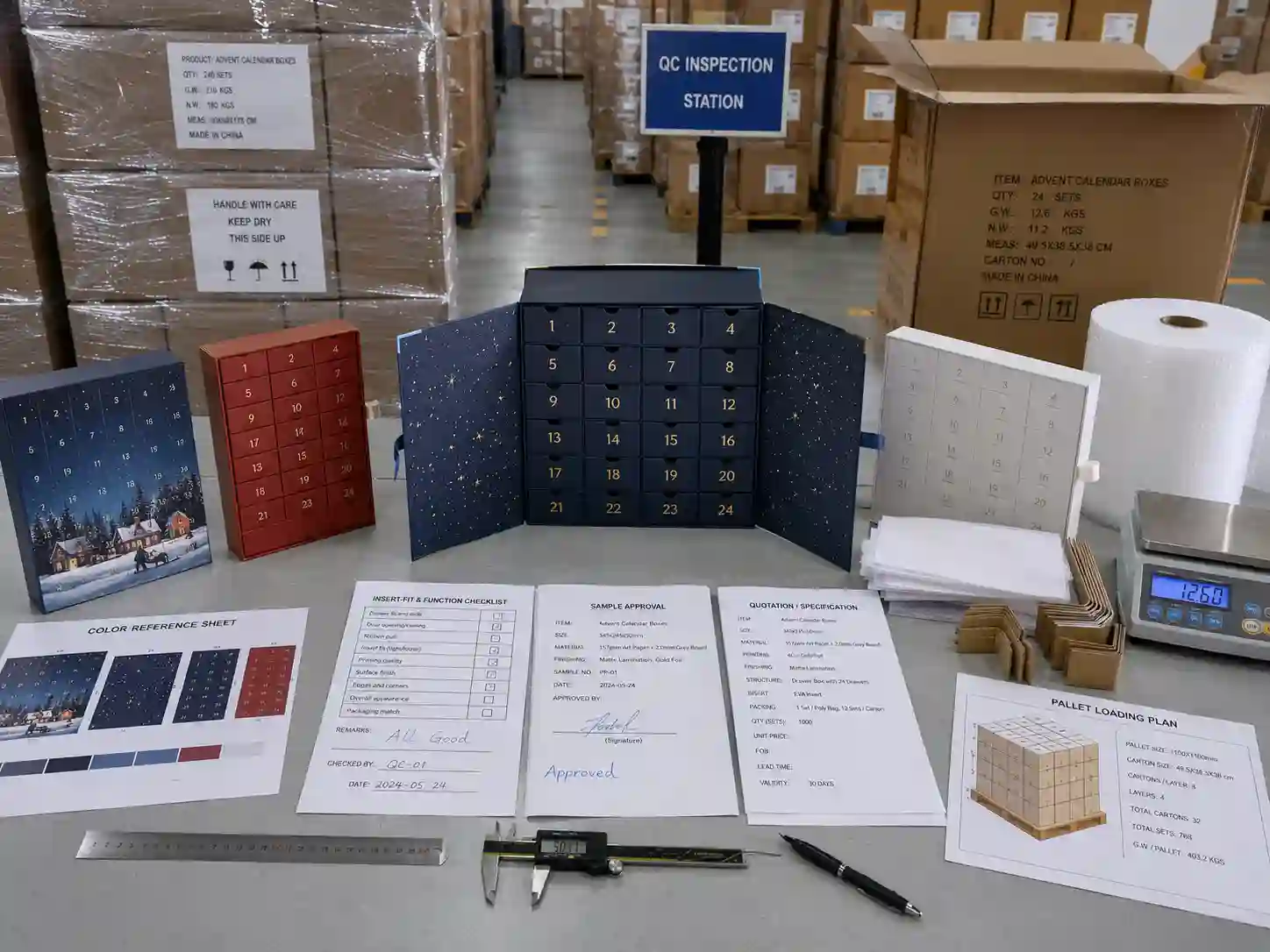 QC inspection and export packing review for an approved custom advent calendar box sample