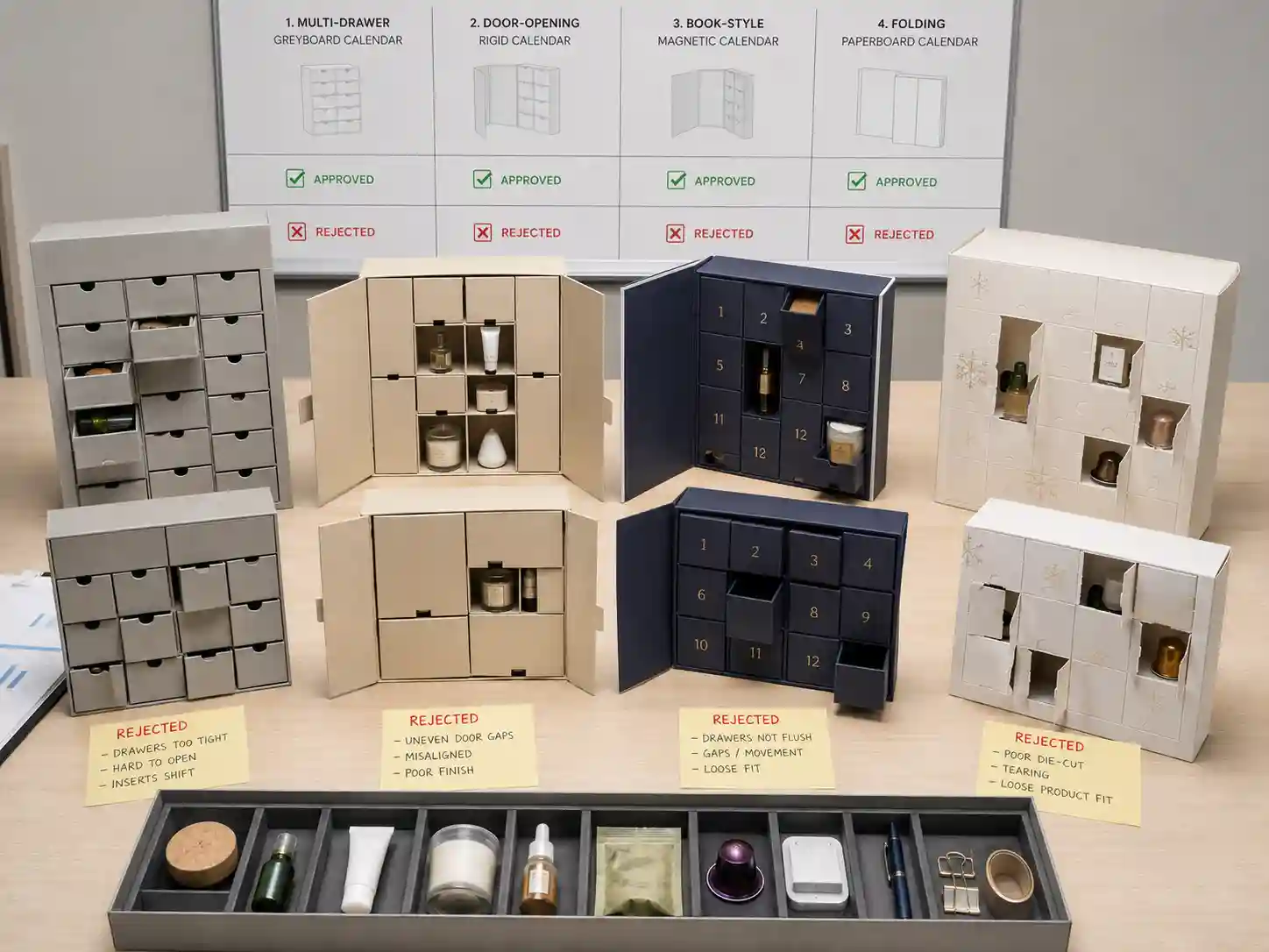 Finished advent calendar box samples compared for structure, drawer function, door alignment, and product-fit risk.