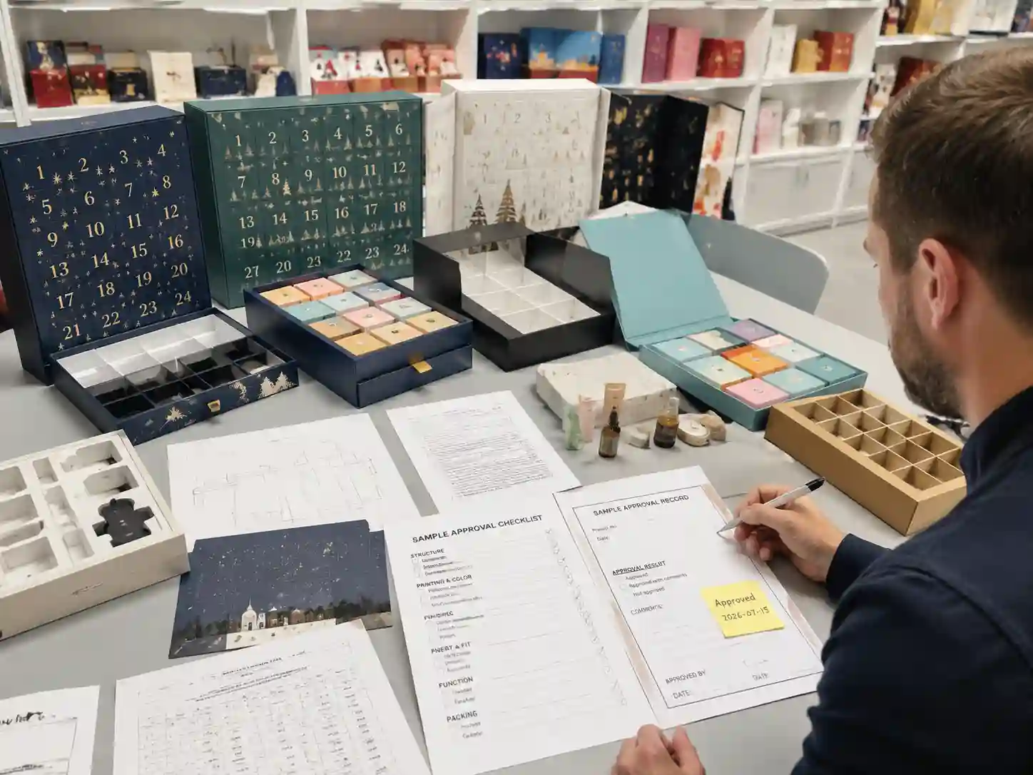 Buyer reviewing custom advent calendar box samples during supplier sample approval process