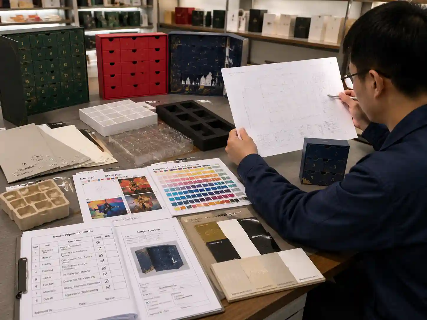 Packaging engineer checking prototype materials and artwork before sample approval