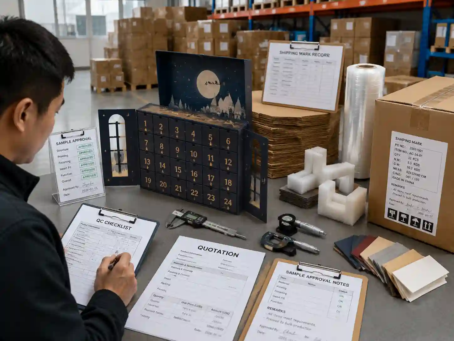 QC inspection and export packing preparation after advent calendar box sample approval