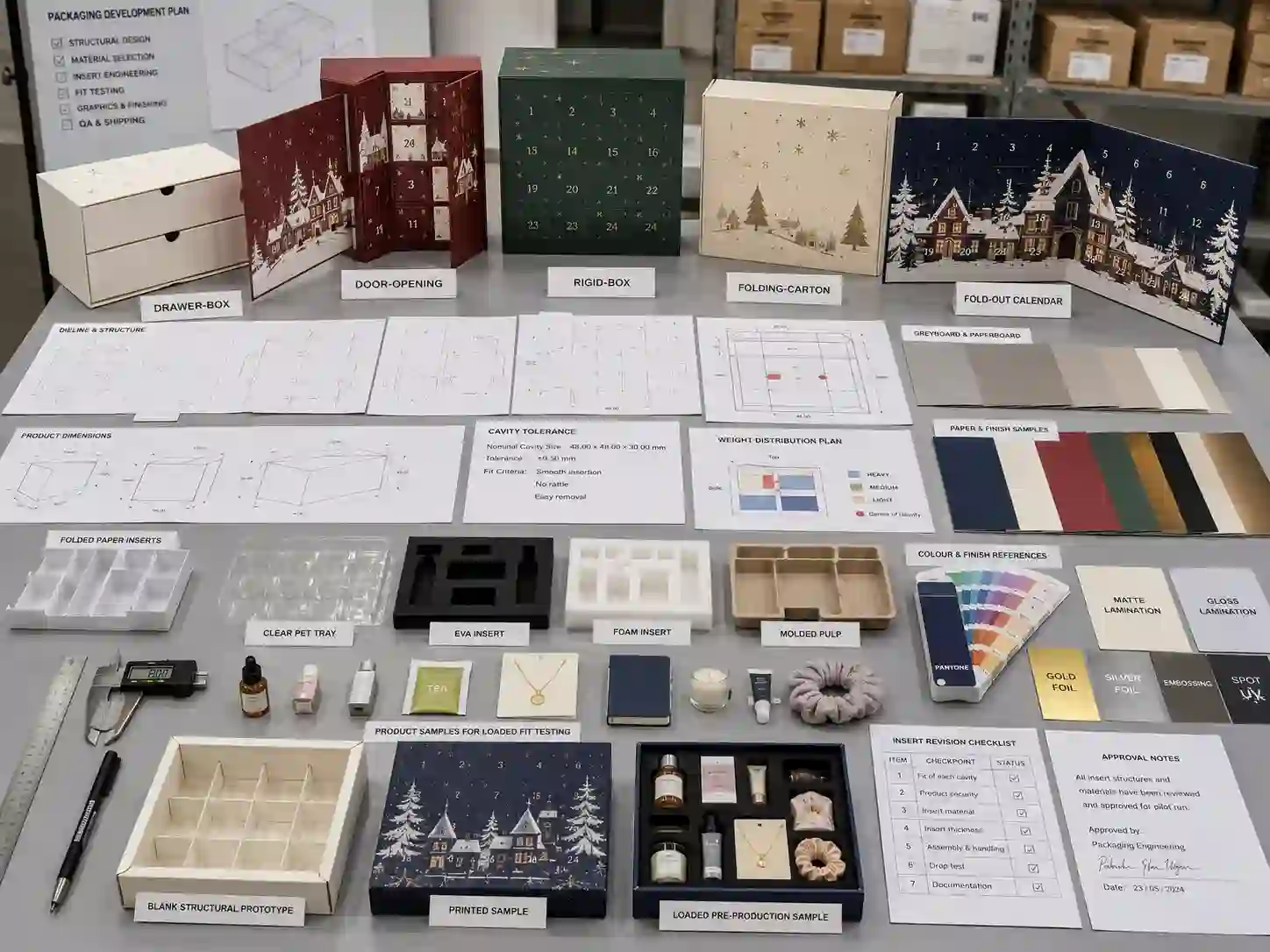 Advent calendar packaging development table with dielines inserts and loaded fit testing