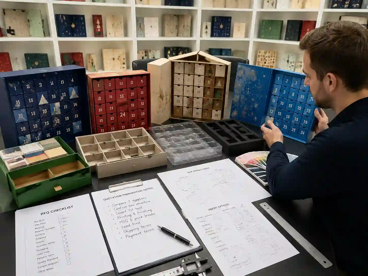 B2B buyer comparing advent calendar box structures and RFQ specification samples in a packaging showroom