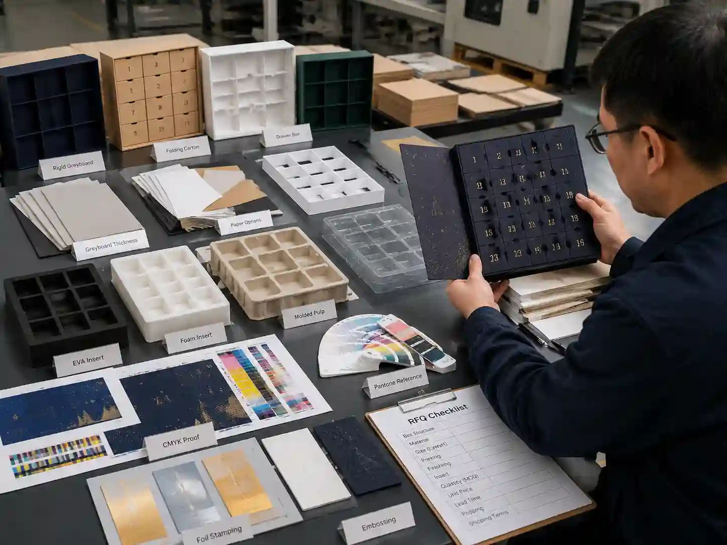 Packaging engineer reviewing advent calendar box RFQ materials, samples, dielines, and printing specifications