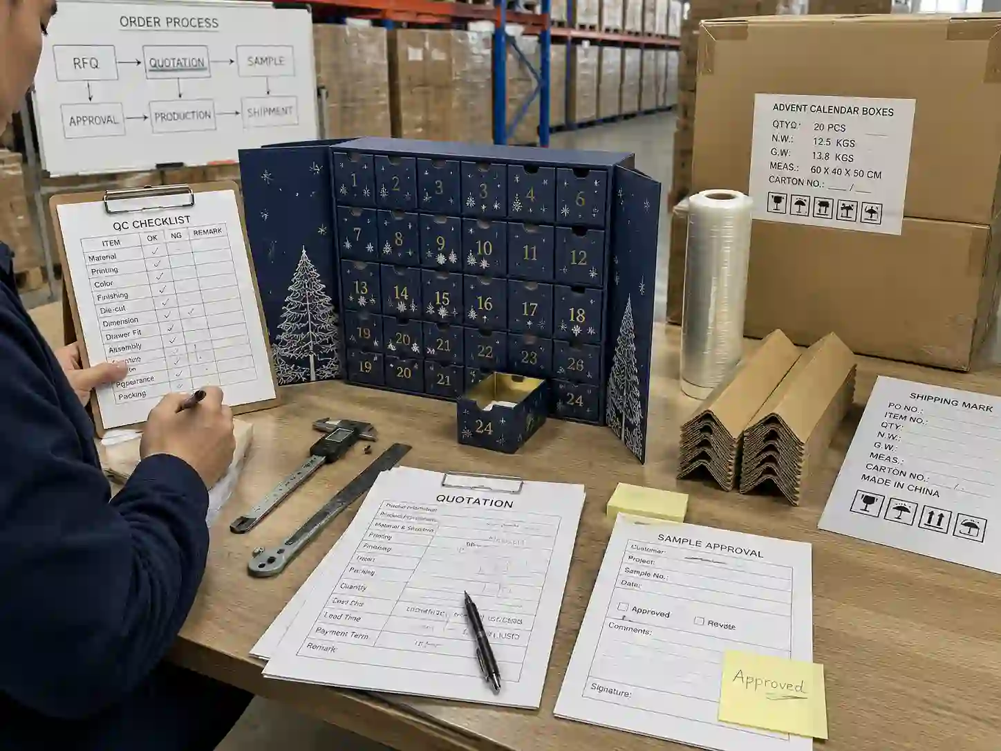 QC and export packing preparation for advent calendar box quotation and sample approval process