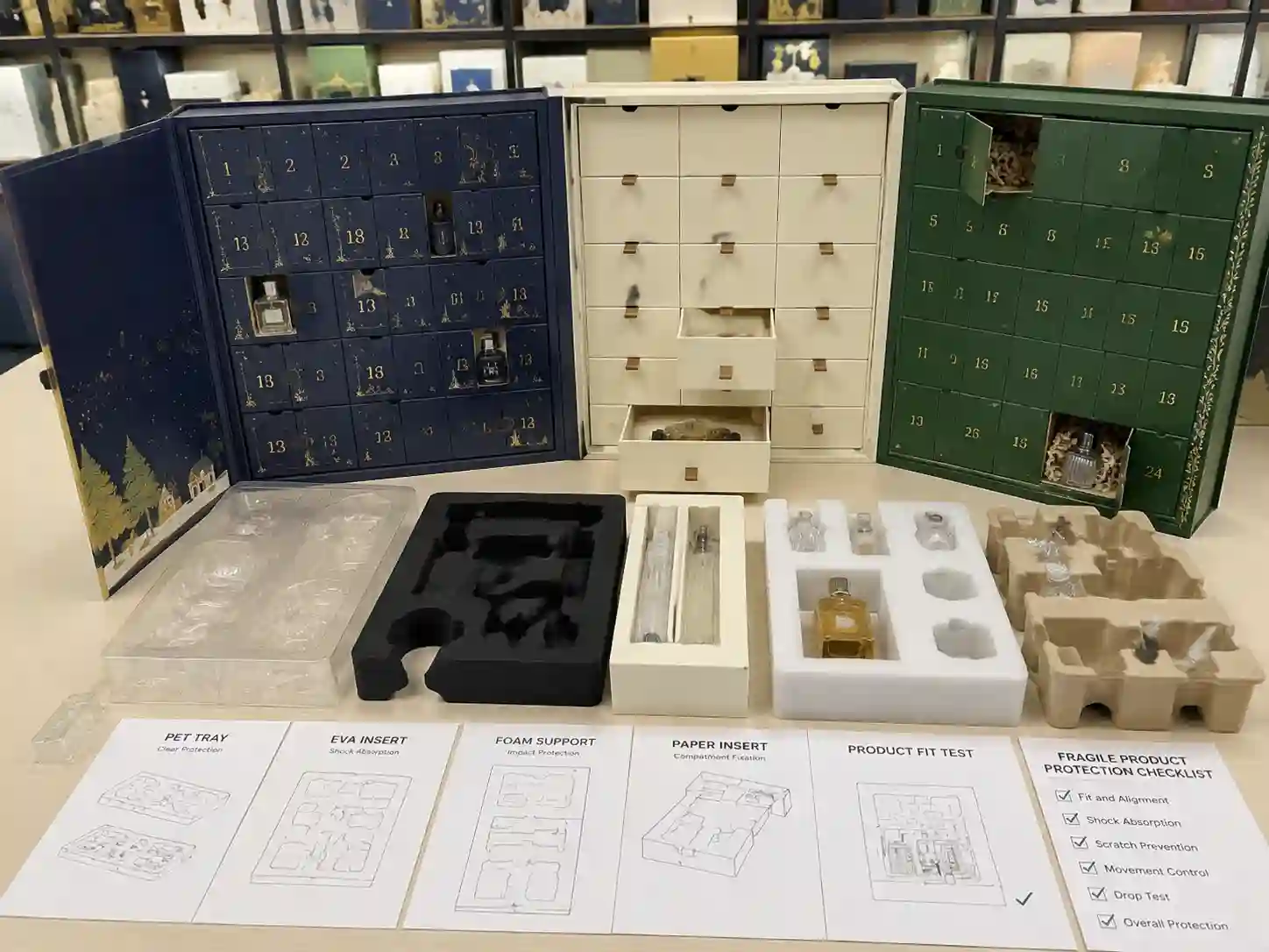 Fragile products advent calendar boxes with protective inserts and structural comparison