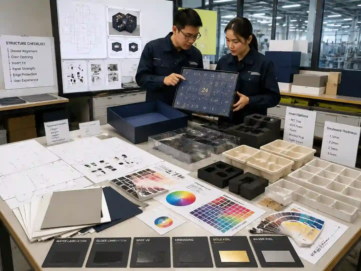 Packaging development table showing insert materials and prototype testing for fragile advent calendar boxes
