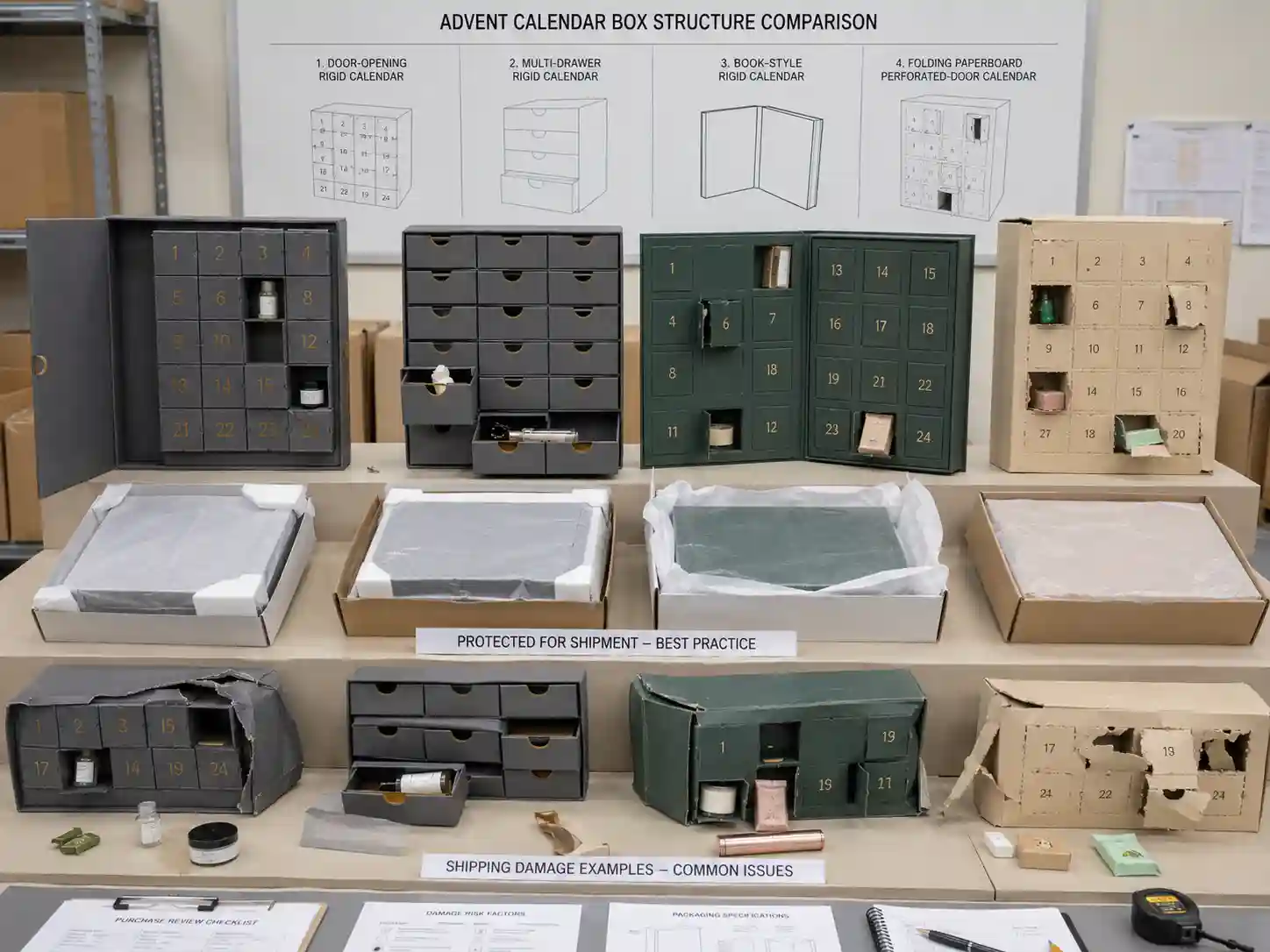 Finished advent calendar box structures compared for shipping damage prevention