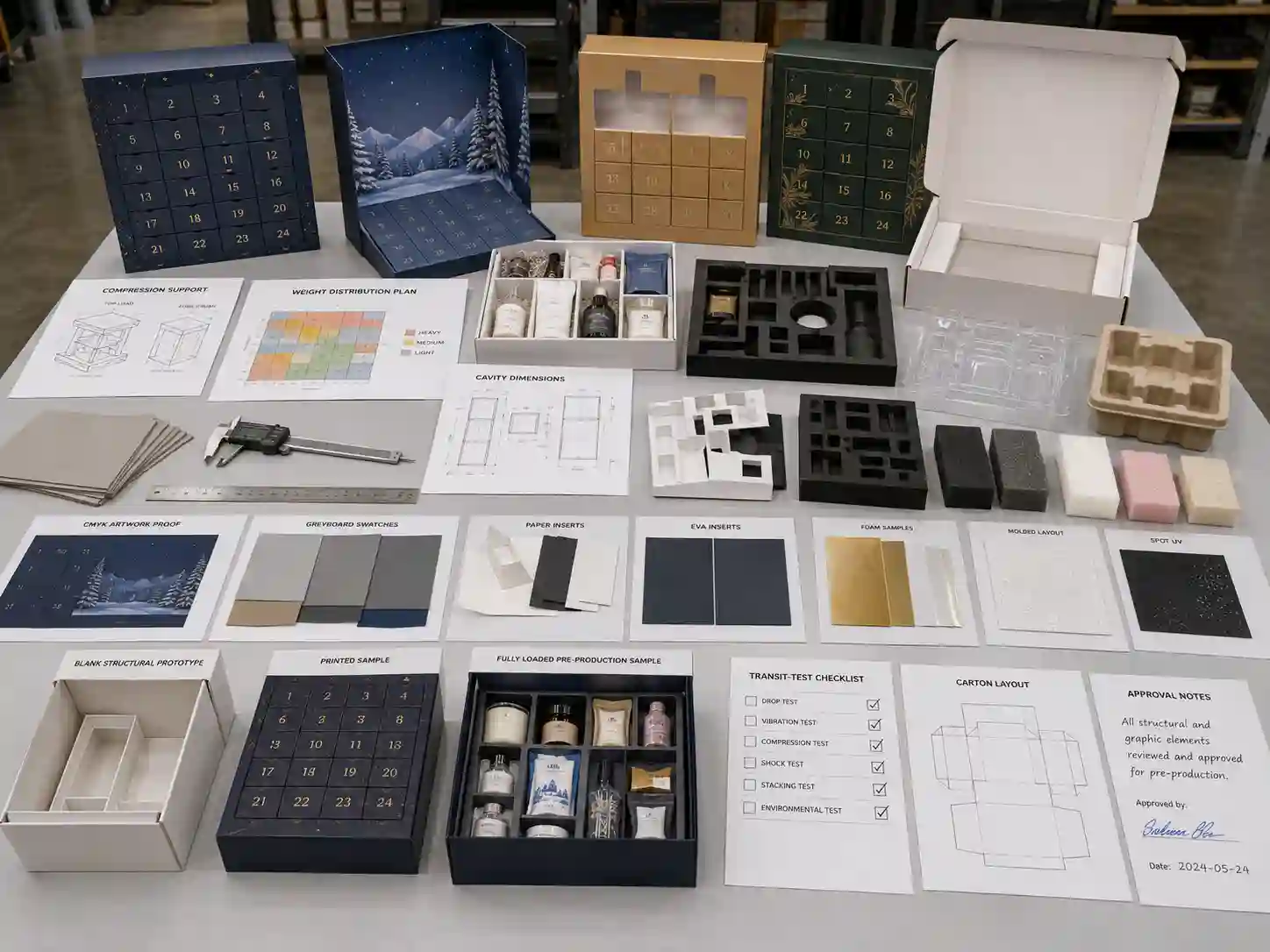 Advent calendar packaging development table with inserts and shipping test plans