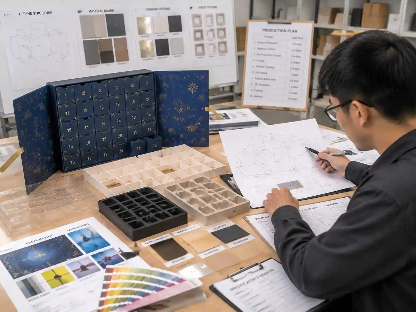 Packaging engineer reviewing advent calendar box materials, dielines, inserts, and prototype samples