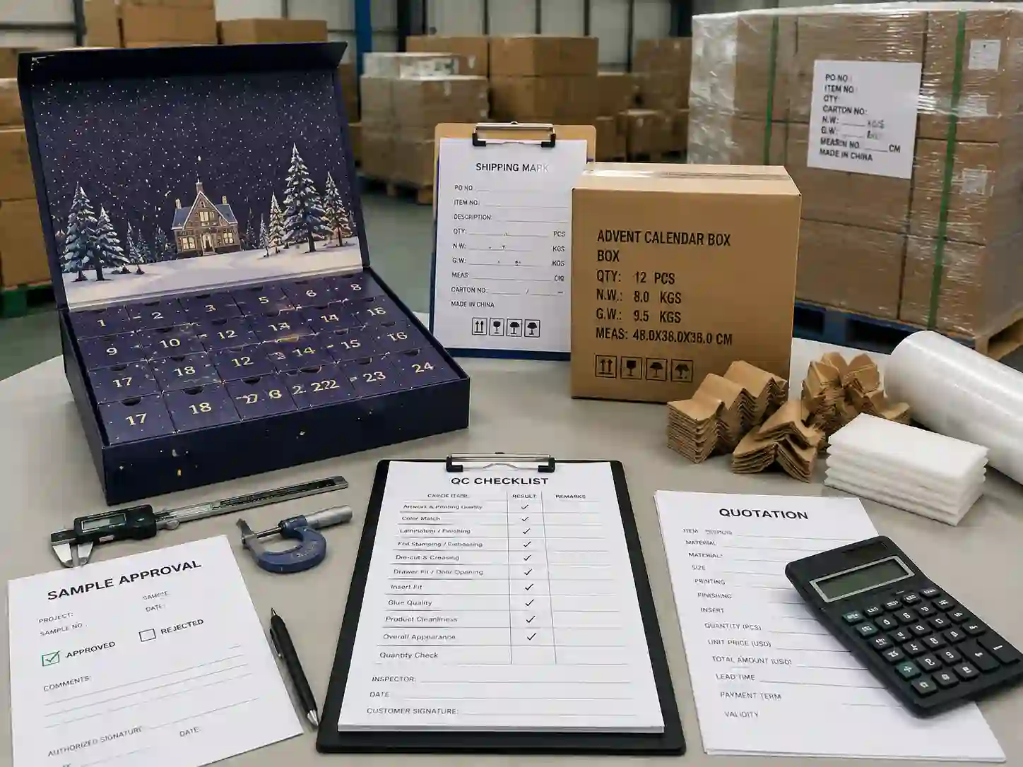 QC inspection and export packing preparation for advent calendar boxes supplied to Australian buyers
