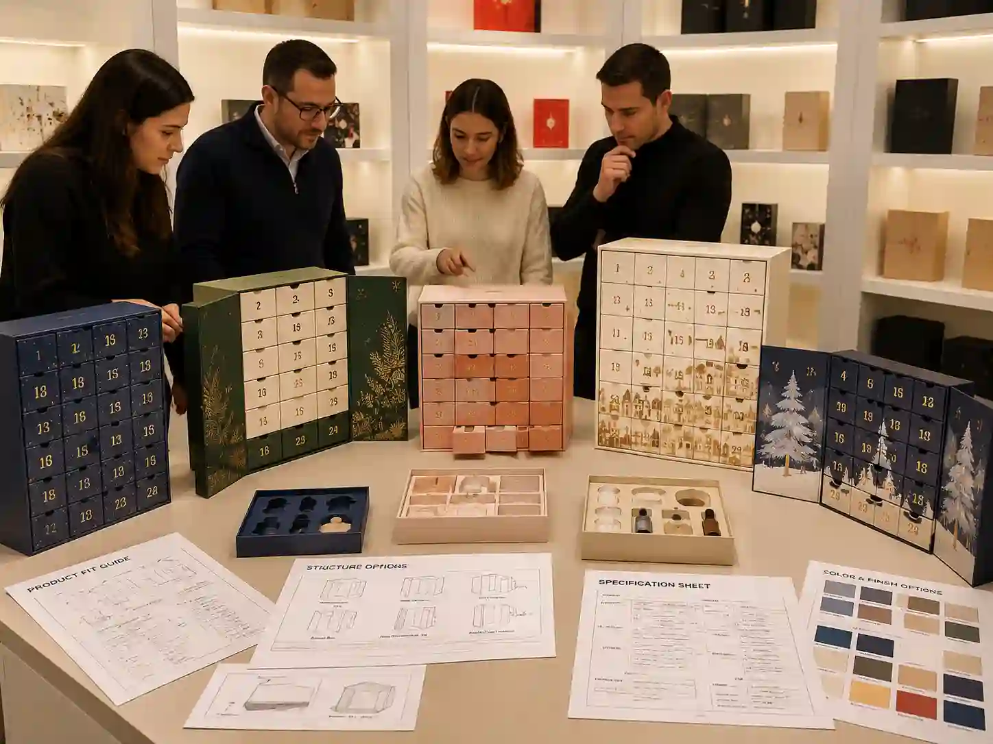 B2B packaging buyers comparing custom advent calendar box structures for Canadian gift companies