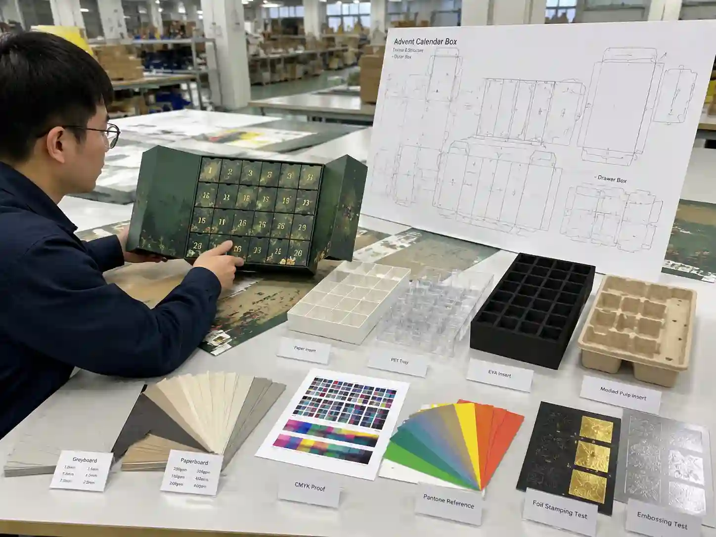 Packaging engineer reviewing advent calendar box dielines materials and prototype samples