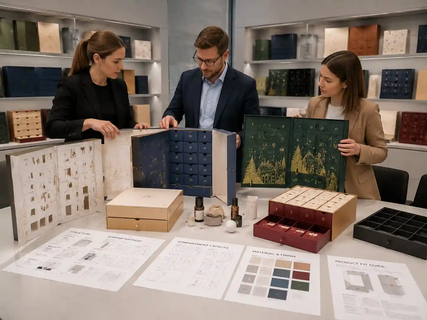 B2B packaging buyers comparing advent calendar box structures for European markets