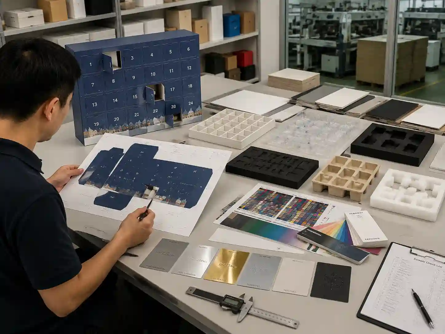 Packaging engineer developing custom advent calendar boxes for European buyers