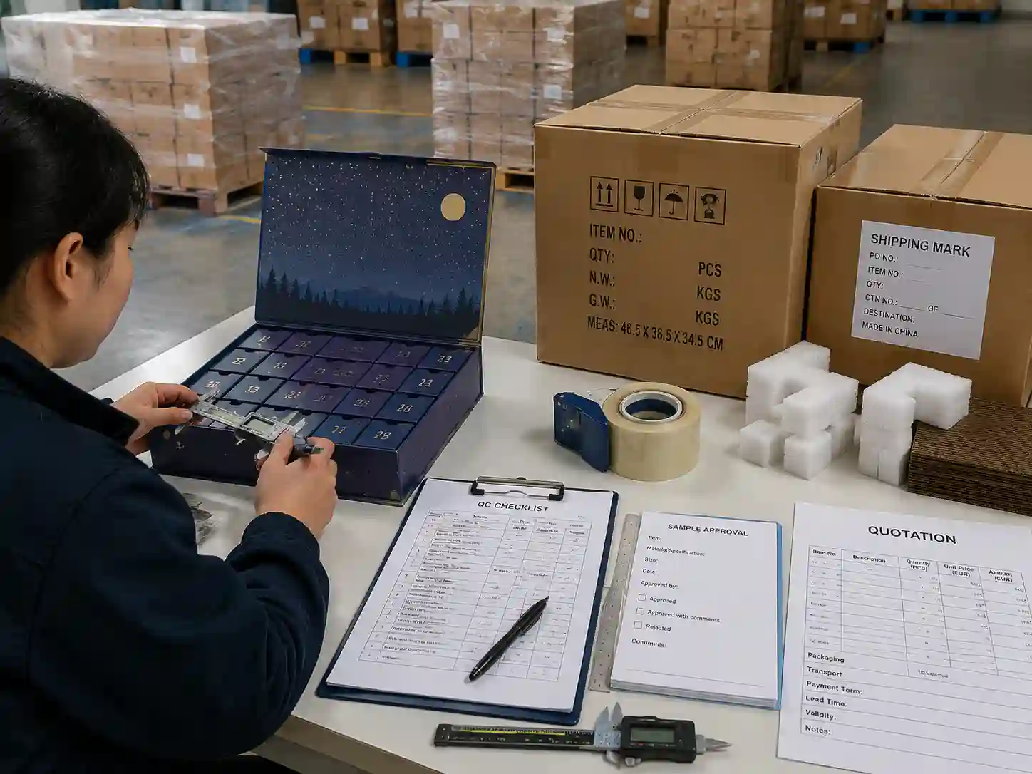 QC and export packing preparation for advent calendar boxes shipped to European markets