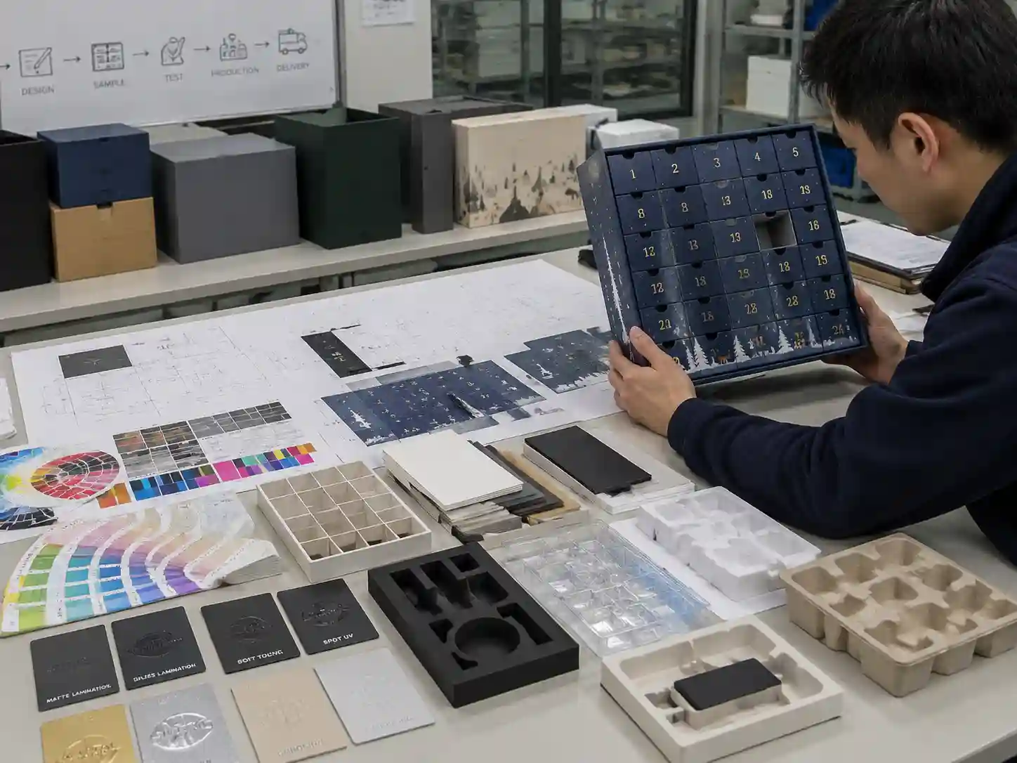 Packaging engineer developing advent calendar box samples and materials