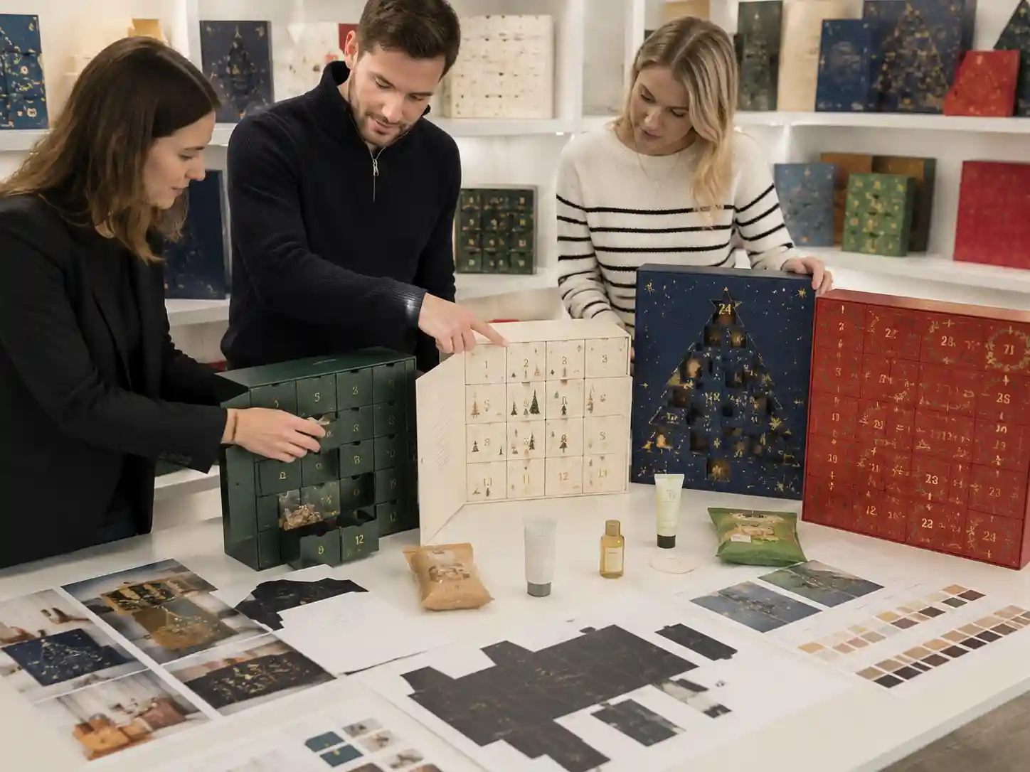 UK retail buyers comparing custom advent calendar box structures and packaging samples