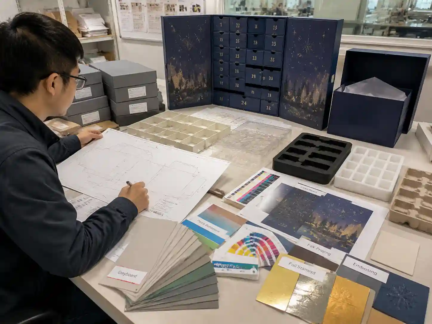 Packaging engineer reviewing advent calendar box prototype materials and artwork samples