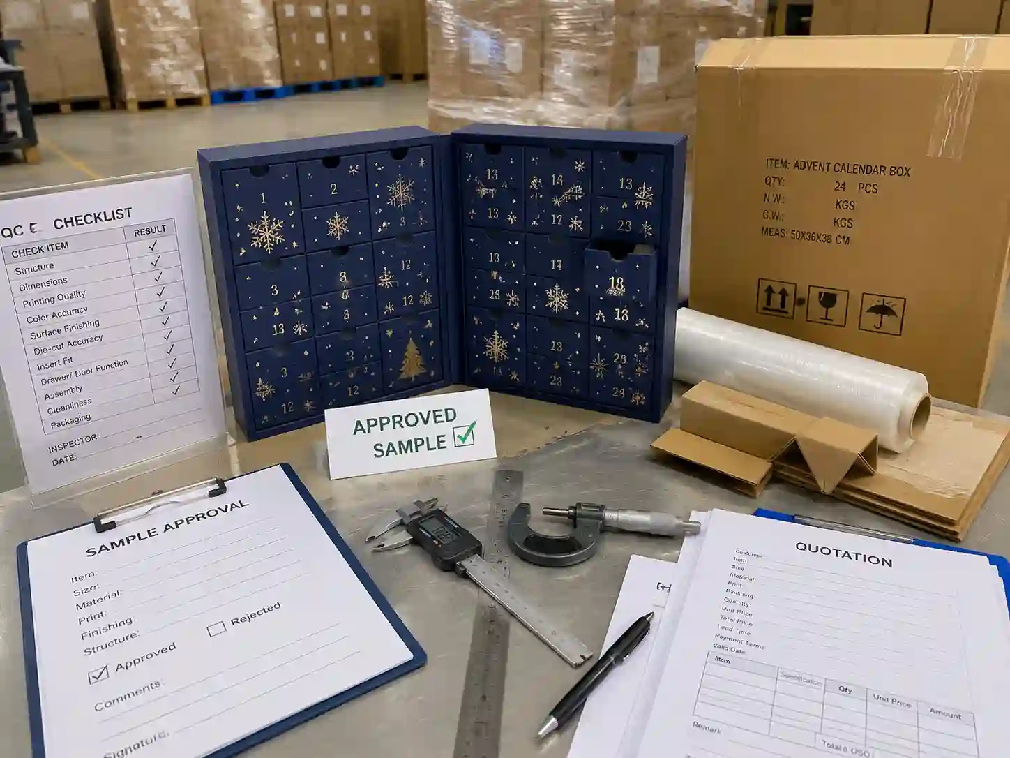 Quality control and export packing preparation for advent calendar box orders