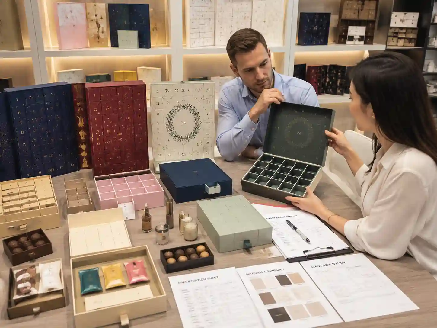 Wholesale import buyer comparing custom advent calendar box structures and product-fit samples in a packaging showroom
