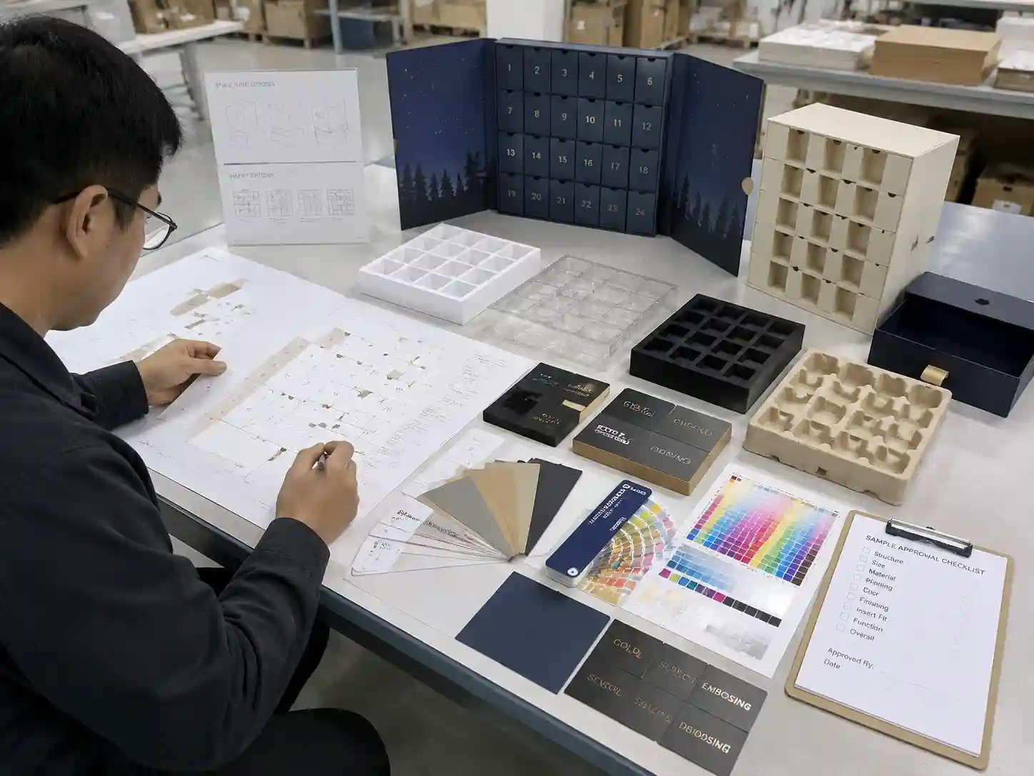 Packaging engineer reviewing advent calendar box materials, dielines, inserts, and prototype samples for wholesale production