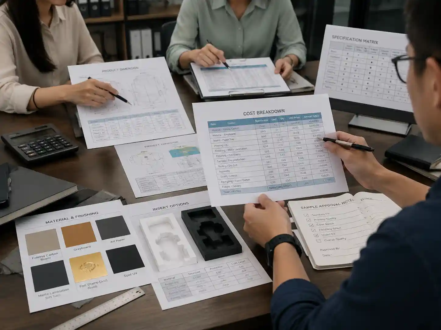 Packaging buyers reviewing advent calendar box cost breakdown documents with specifications, samples, and quotation comparison records.