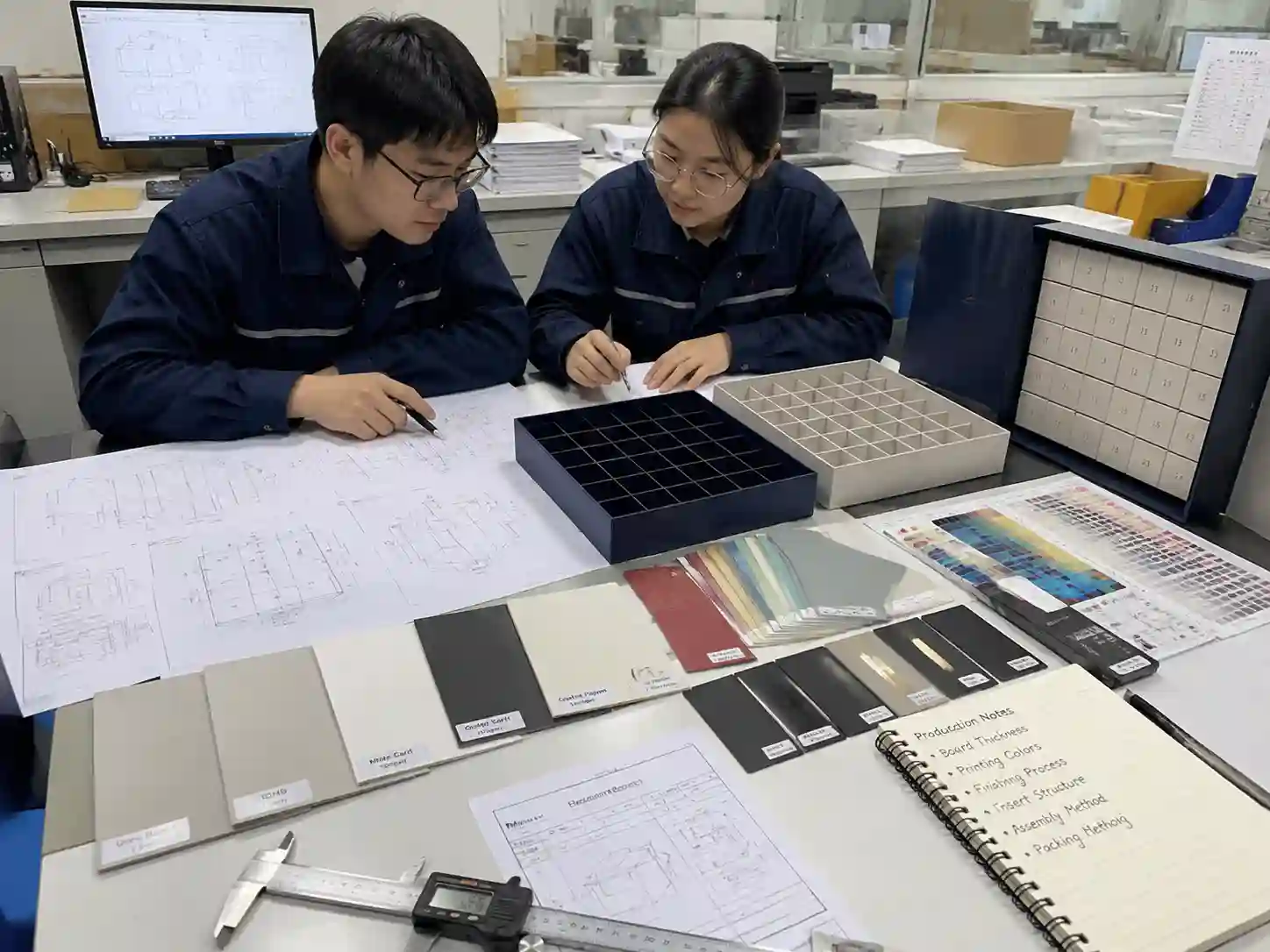 Packaging engineers reviewing advent calendar box structure, materials, inserts, and production cost factors.