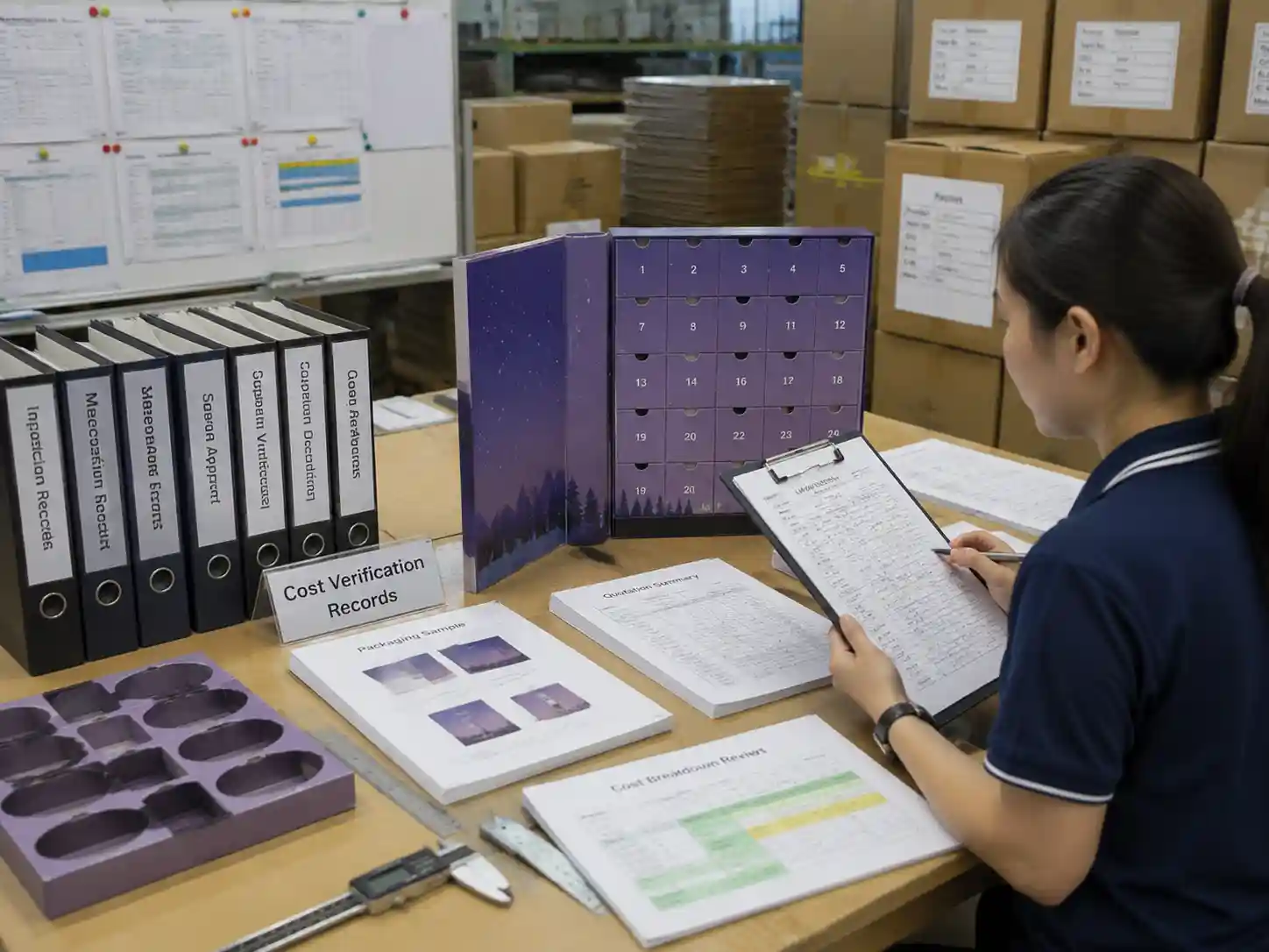 Quality control staff verifying advent calendar box specifications, measurements, samples, and supplier cost records.