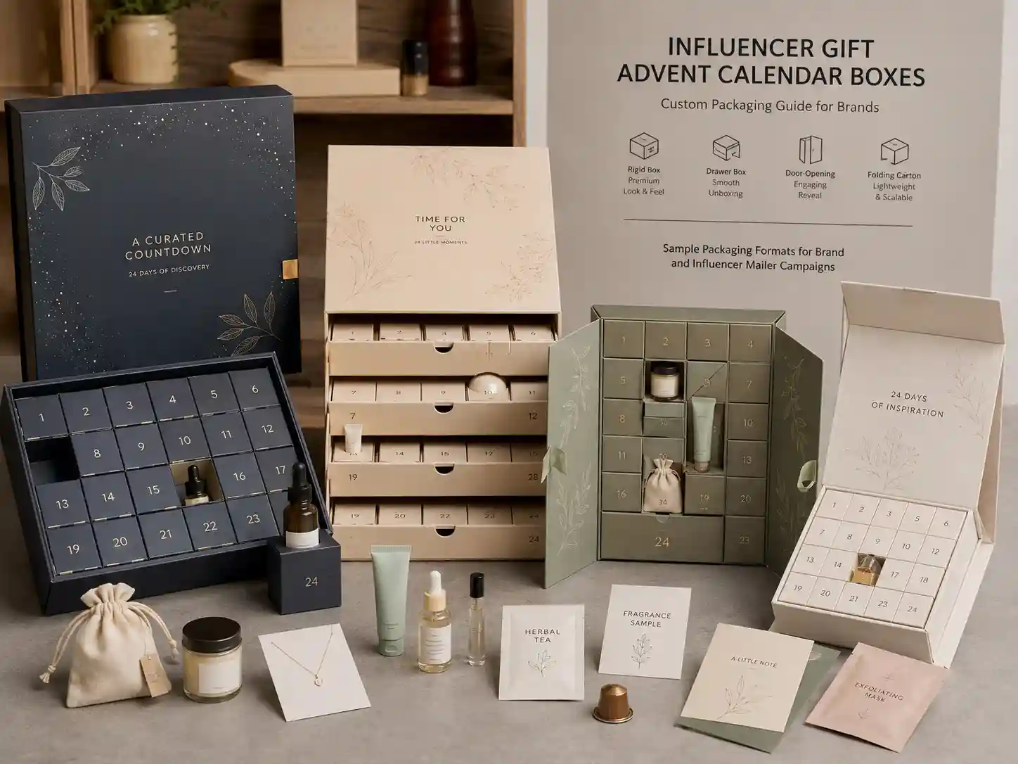 Finished influencer gift advent calendar box samples with rigid, drawer, door-opening, and folding carton structures for B2B campaign packaging.