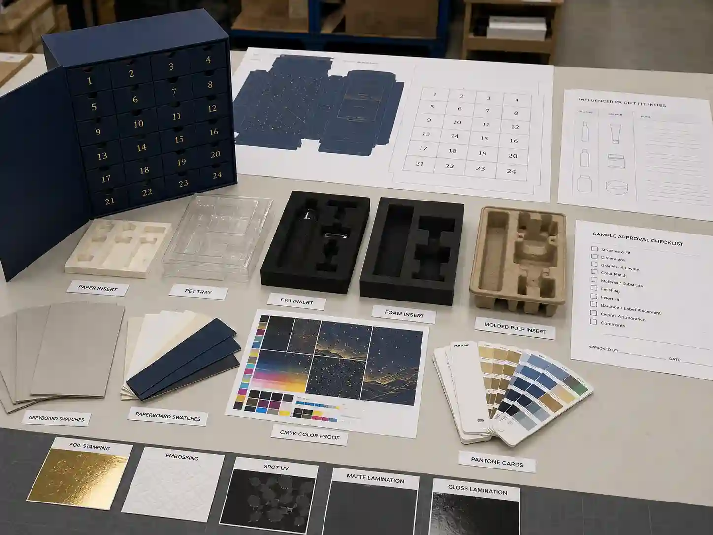 Factory planning table for influencer gift advent calendar boxes with dielines, insert samples, material swatches, and printing proofs.