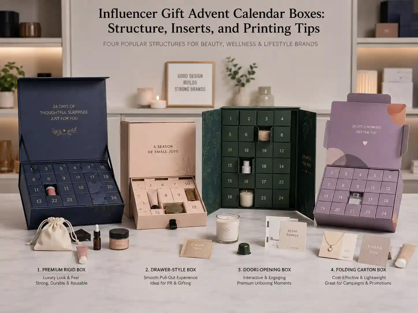 Finished influencer gift advent calendar box samples comparing rigid, drawer, door-opening, and folding carton structures with generic products.