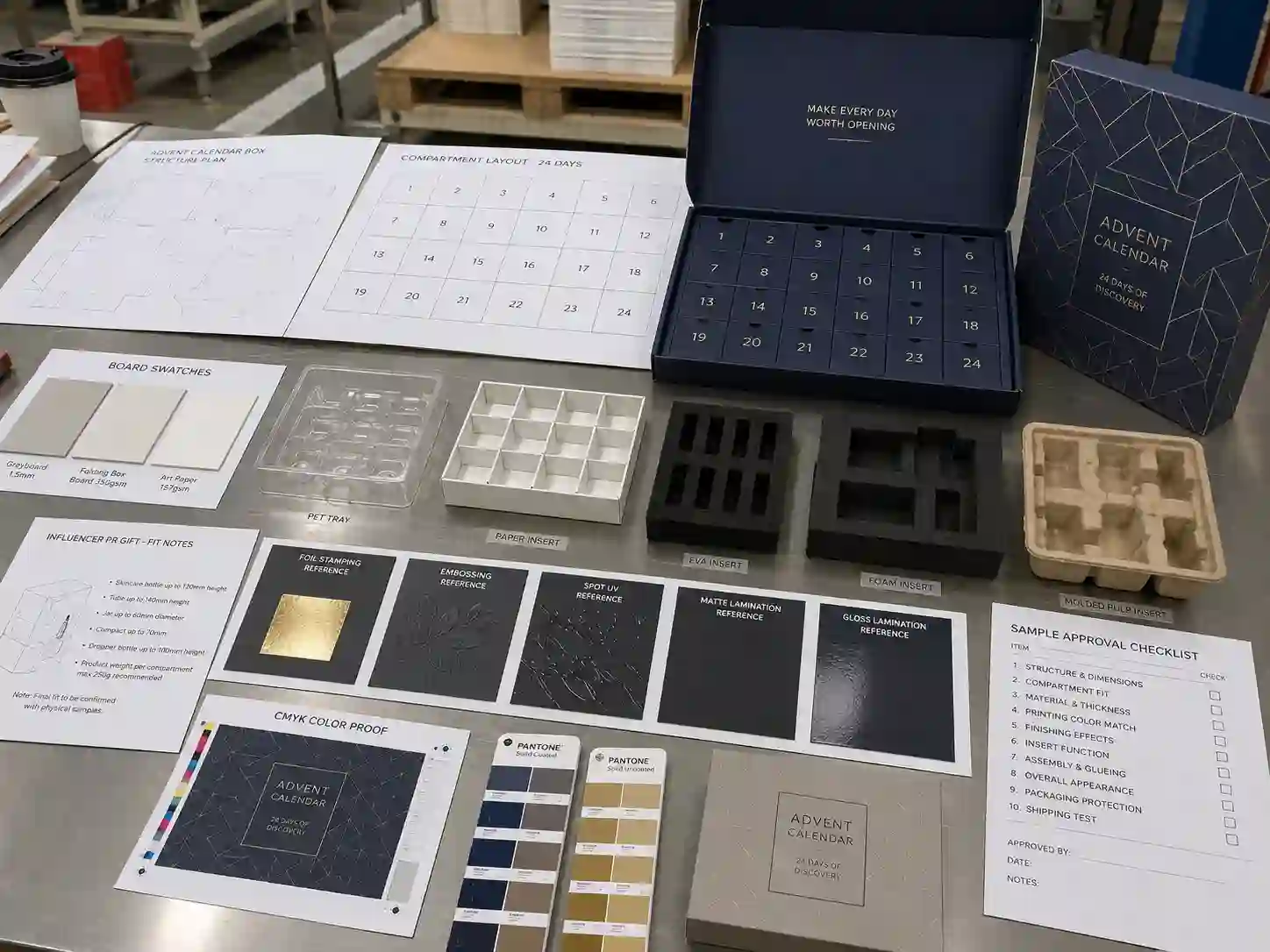 Factory planning table for influencer gift advent calendar boxes with dielines, insert samples, material swatches, and printing proof references.