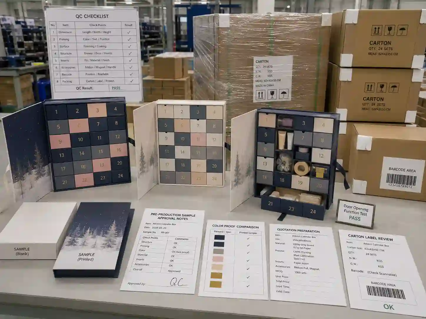 QC and export packing scene for influencer gift advent calendar boxes with inspection checklist, product fit check, cartons, and pallet wrap.