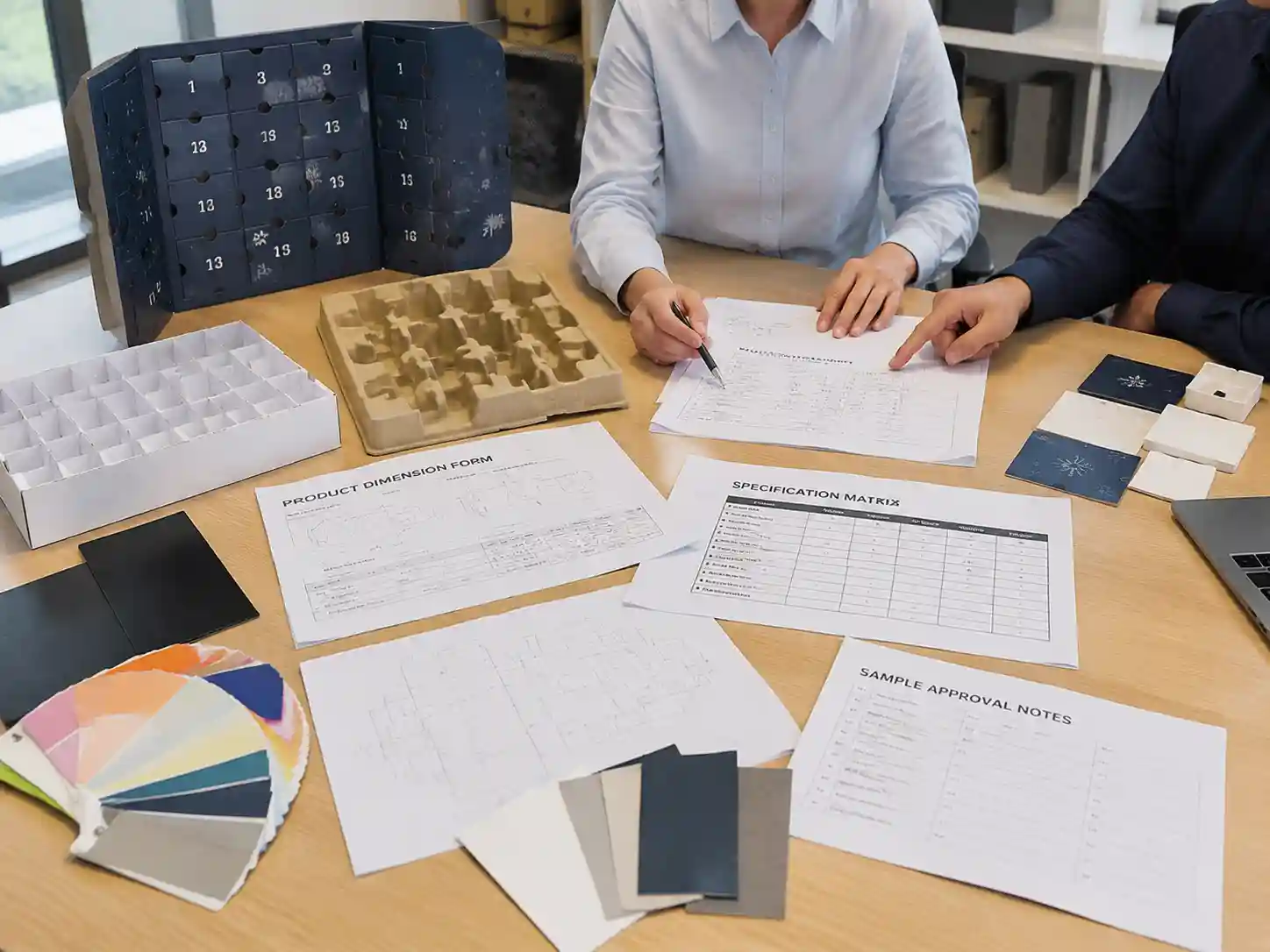 Packaging buyers reviewing flat-pack advent calendar quotation requirements with specification sheets and material samples