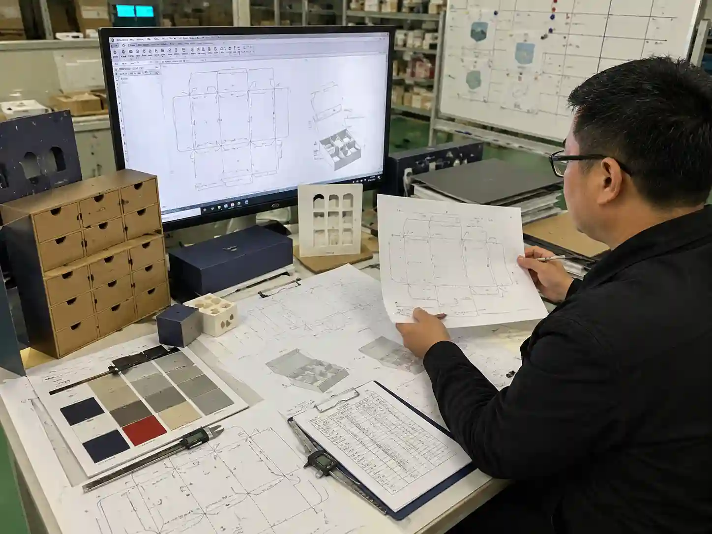 Packaging engineers checking flat-pack advent calendar structure drawings and production specifications