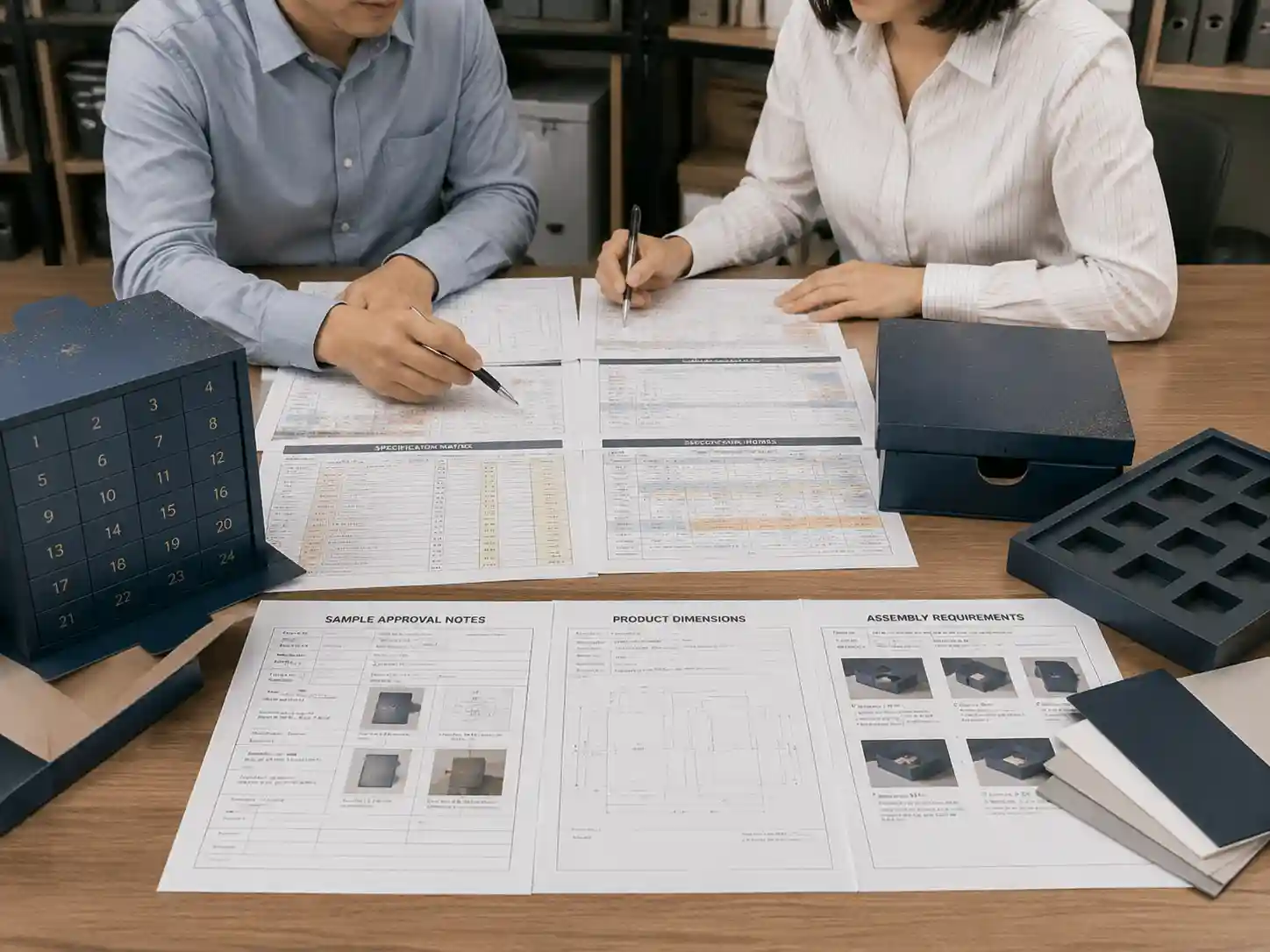 Packaging buyers reviewing assembled advent calendar quotation requirements with specifications, samples, and approval documents