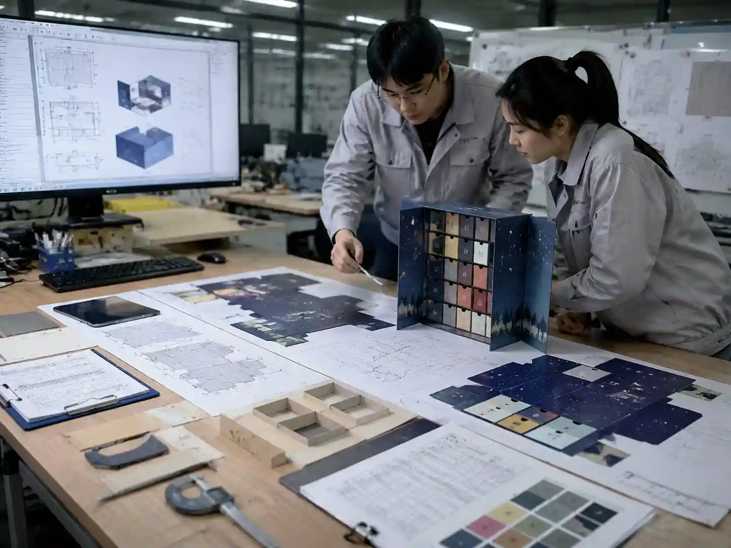 Packaging engineers verifying assembled advent calendar structure and production requirements before quotation