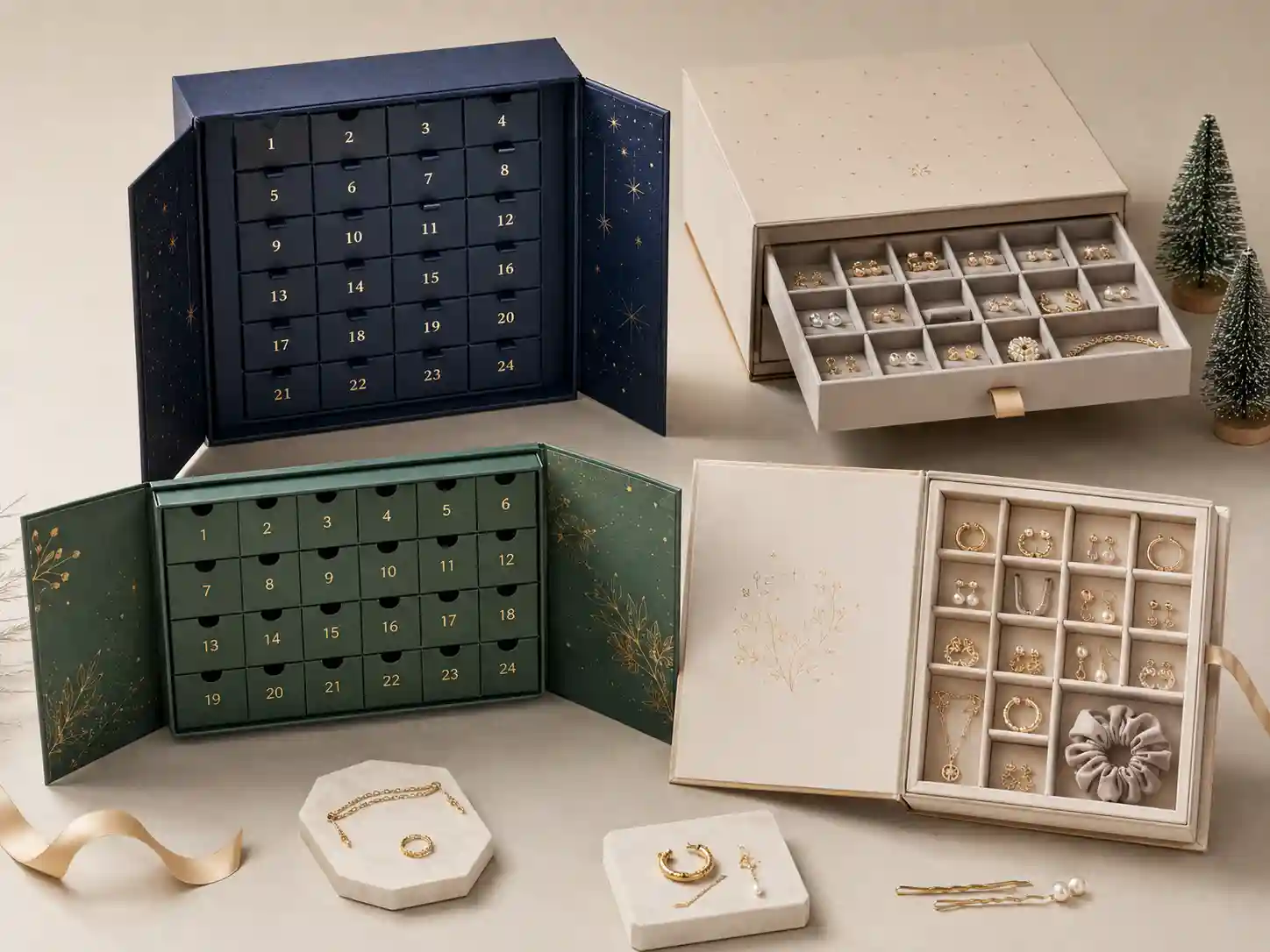 Finished jewelry advent calendar box samples with rigid, drawer, folding carton, and book-style structures plus protective inserts