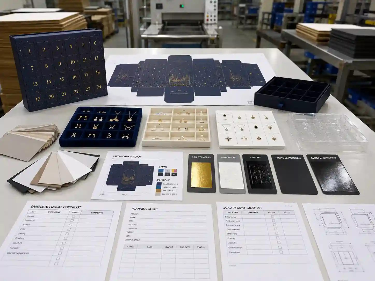 Factory planning table for jewelry advent calendar boxes with dielines, inserts, material swatches, and printing proof checks