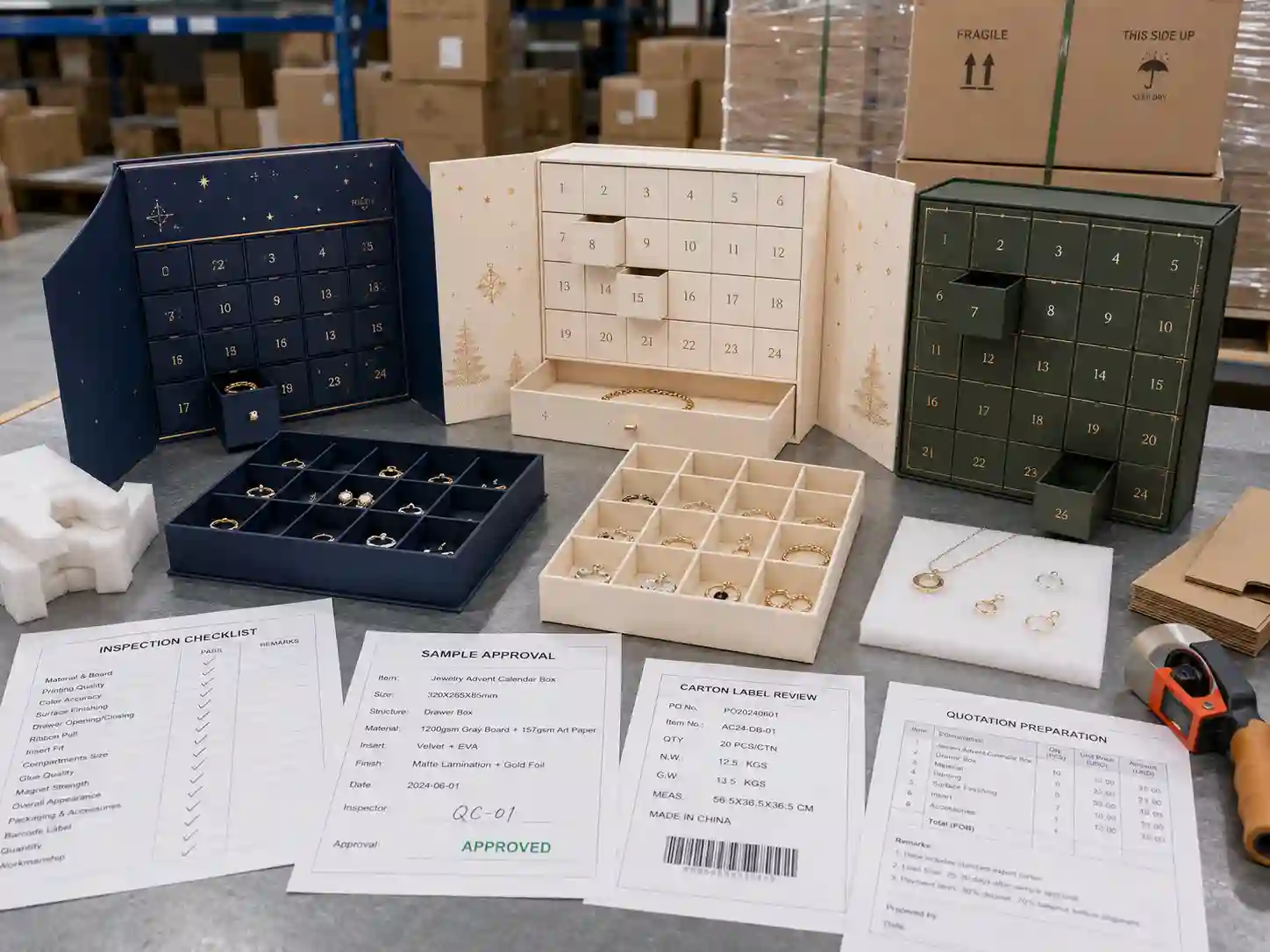 QC and export packing review for jewelry advent calendar boxes with inspection checklist, cartons, pallet wrap, and quote documents
