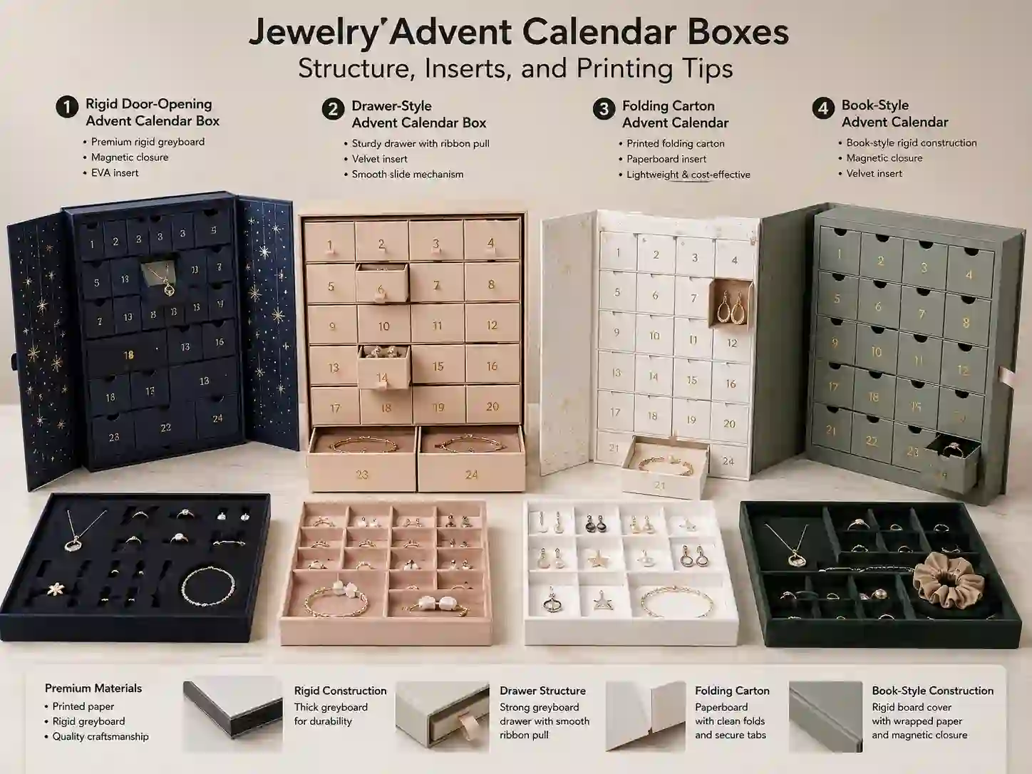 Finished jewelry advent calendar box samples with drawer, door-opening, folding carton, book-style structures, and fitted inserts for B2B packaging comparison
