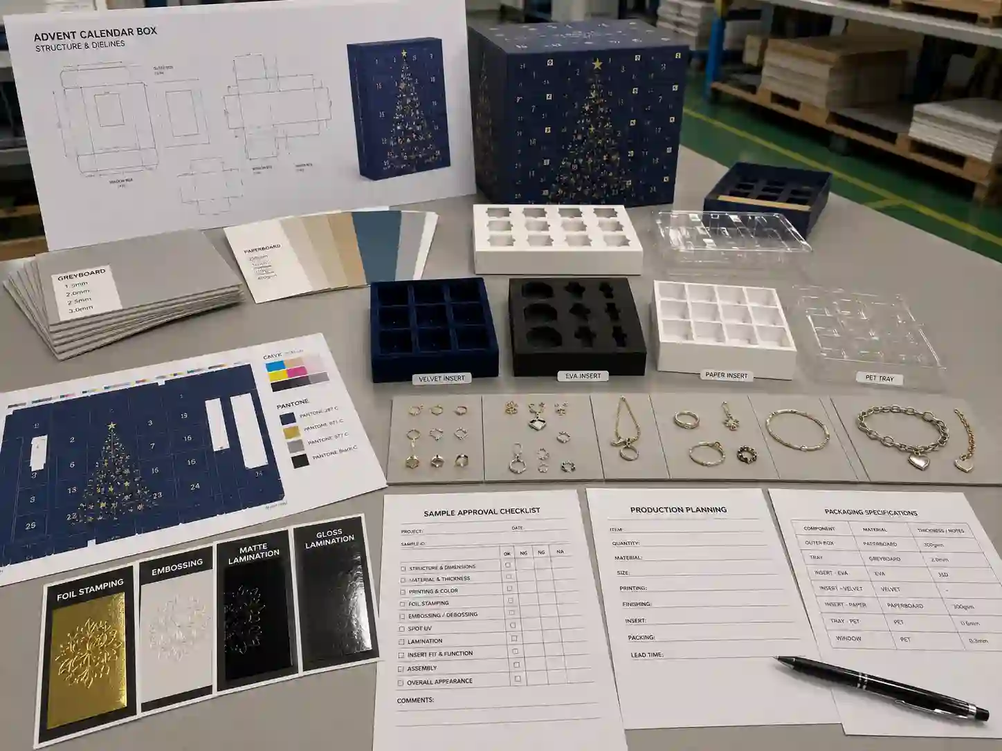 Factory table for jewelry advent calendar box development with dielines, material swatches, insert samples, artwork proof, and finishing references