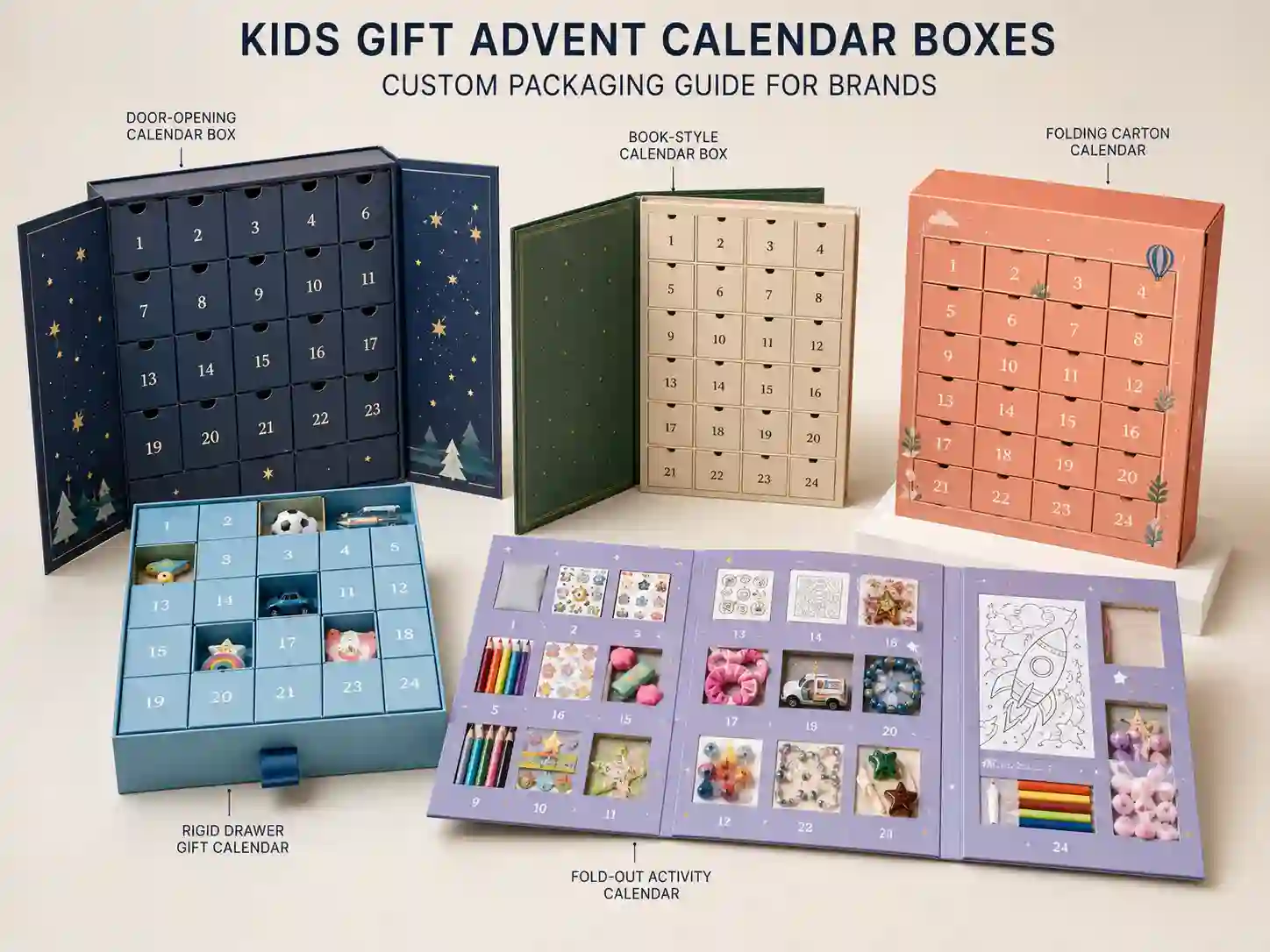 Finished kids advent calendar boxes with different structures, inserts, and generic children’s gift items for B2B packaging review